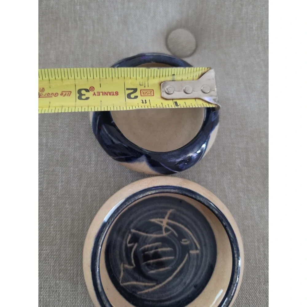 Set VTG Studio Pottery Sgraffito Fish Trinket Dish MCM Ceramic Bowls Blue Brown